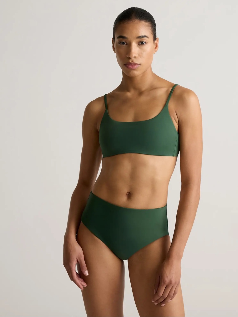 Quince Italian Scoop Neck Bikini Top Palm Forest Green Sporty Tie Back M 8 10